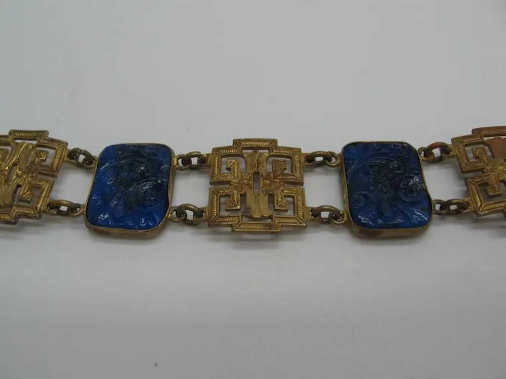 Vintage Asian Inspired Brass and Blue Glass Line … - image 7