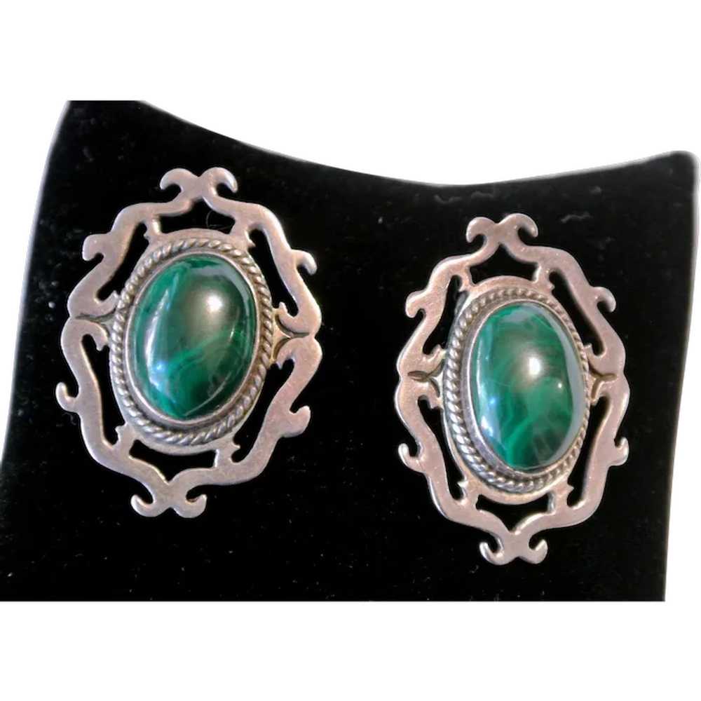 Vintage Malachite And Sterling Silver Clip-On Ear… - image 1