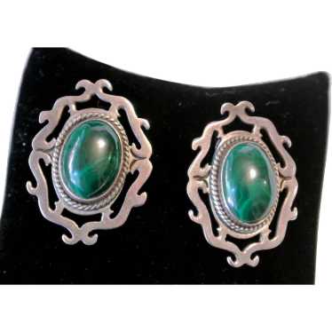 Vintage Malachite And Sterling Silver Clip-On Ear… - image 1