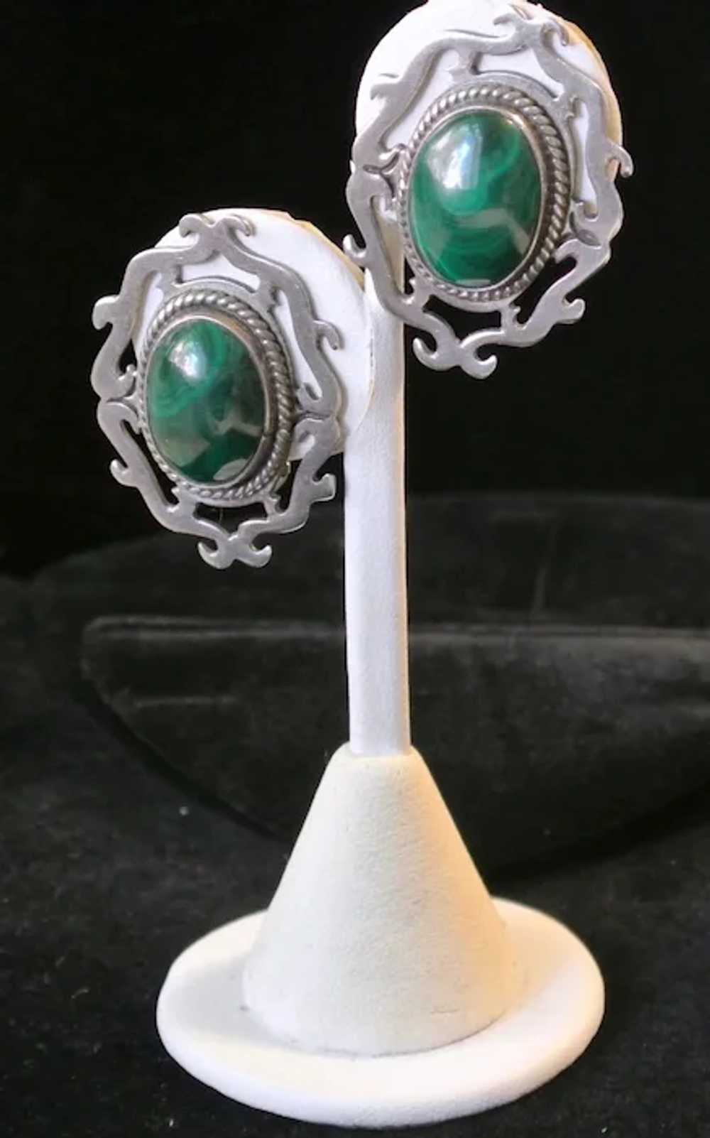 Vintage Malachite And Sterling Silver Clip-On Ear… - image 3