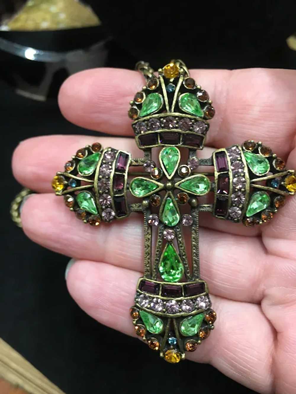 Vintage Cross Necklace, Rhinestone Cross Pendant,… - image 2