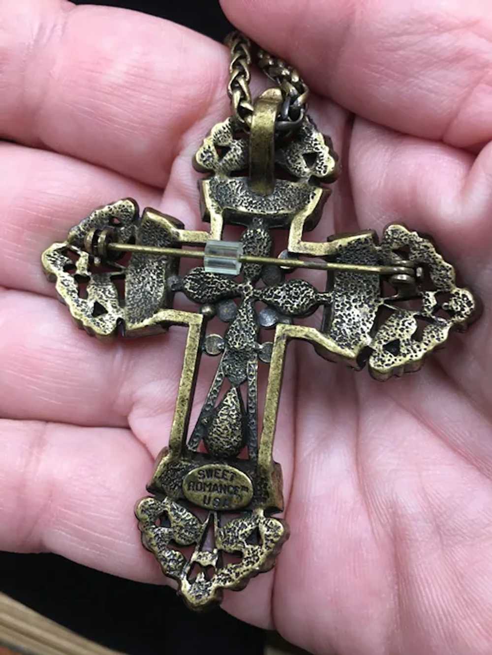 Vintage Cross Necklace, Rhinestone Cross Pendant,… - image 3