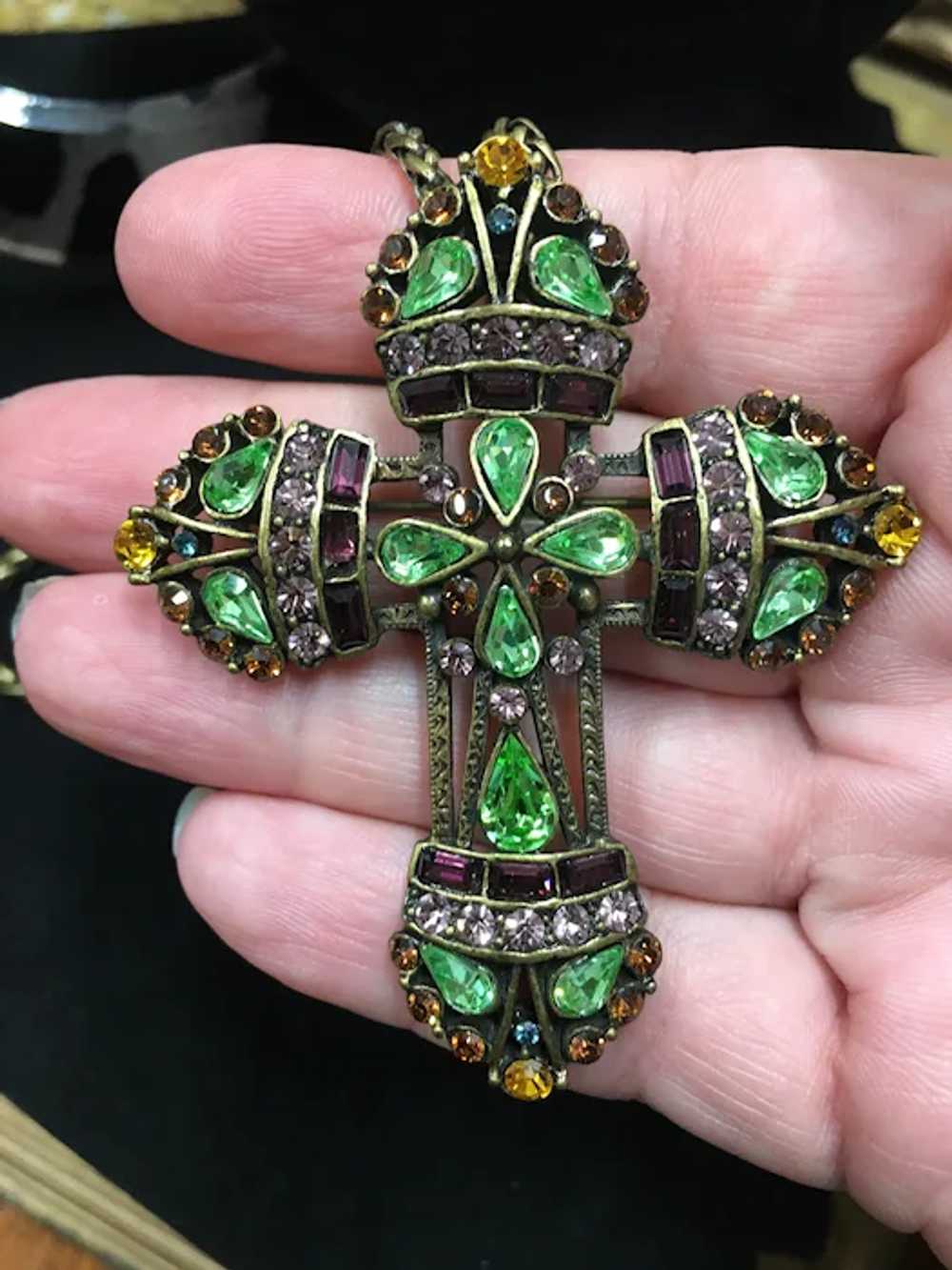 Vintage Cross Necklace, Rhinestone Cross Pendant,… - image 4