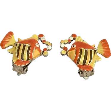 Vintage Enamel Gold Fish Blowing Bubbles Clip Ear… - image 1