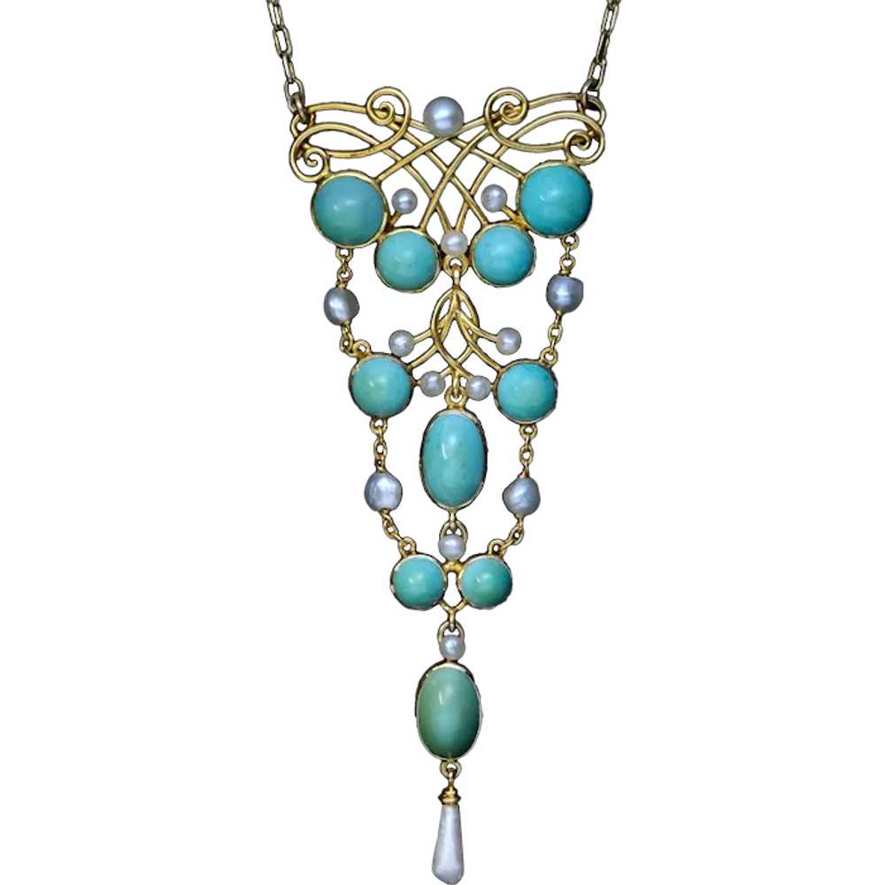 Art Nouveau Antique Turquoise Pearl Gold Necklace - image 1