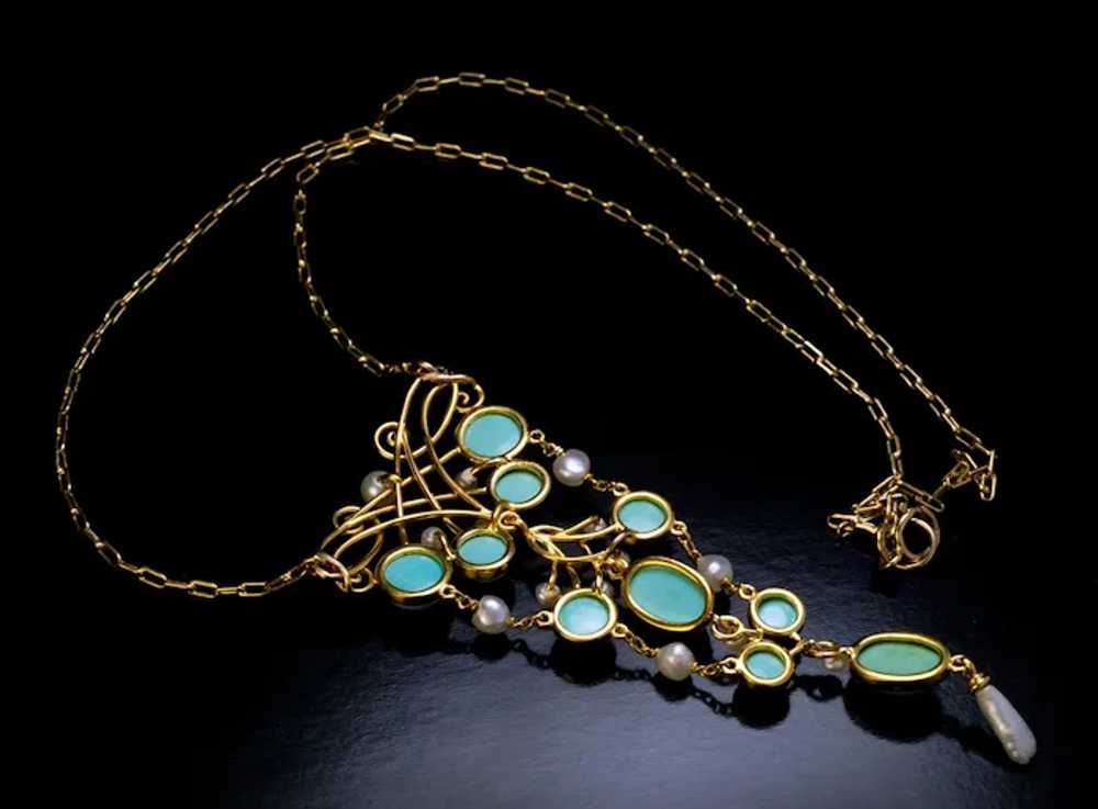 Art Nouveau Antique Turquoise Pearl Gold Necklace - image 2