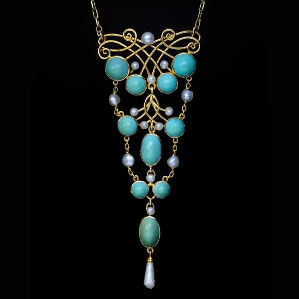 Art Nouveau Antique Turquoise Pearl Gold Necklace - image 3