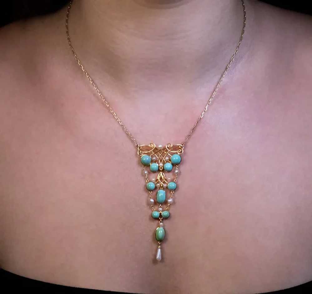 Art Nouveau Antique Turquoise Pearl Gold Necklace - image 4