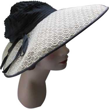SALE Fantastic Mid Century Hat Wide Brim Cream & … - image 1