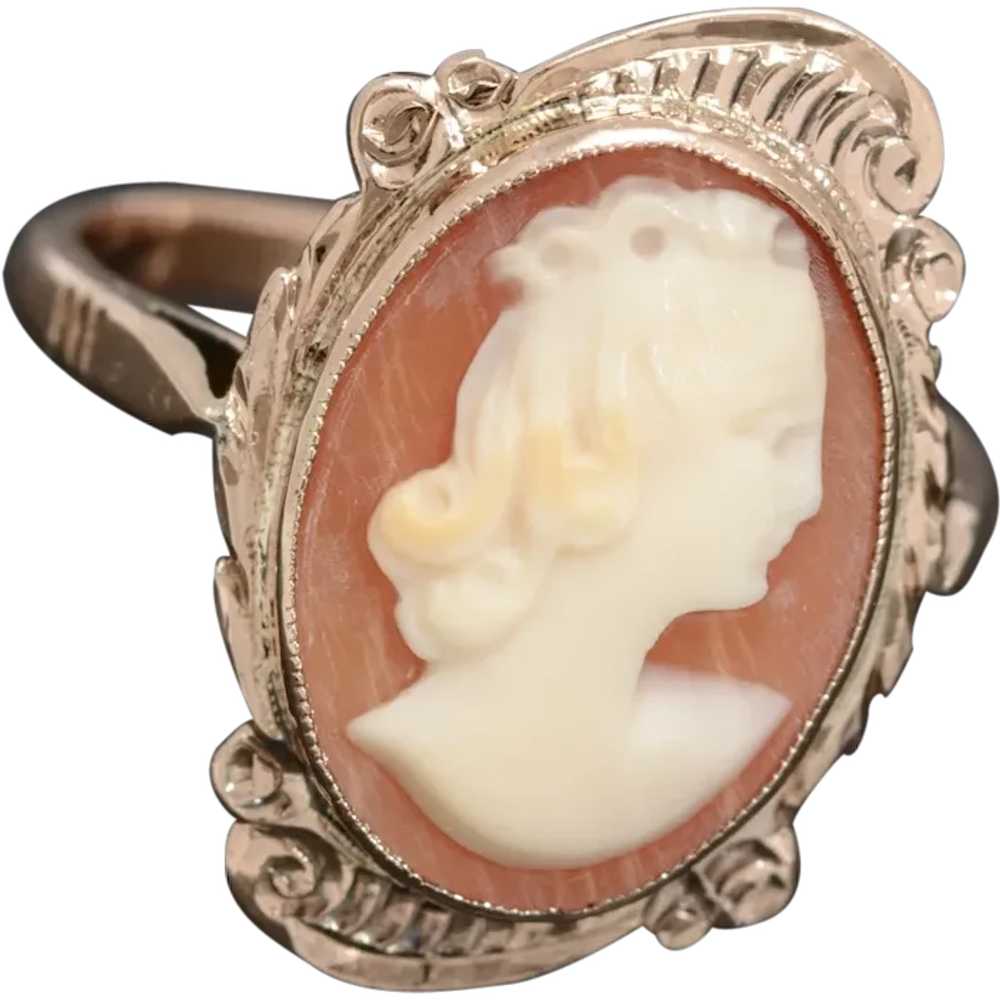 Vintage 9ct Gold & Carved Shell Cameo Ring Lady H… - image 1