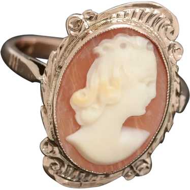 Vintage 9ct Gold & Carved Shell Cameo Ring Lady H… - image 1