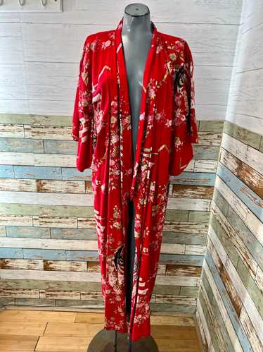 80’s Red Multicolor Print Long Kimono Robe - image 1