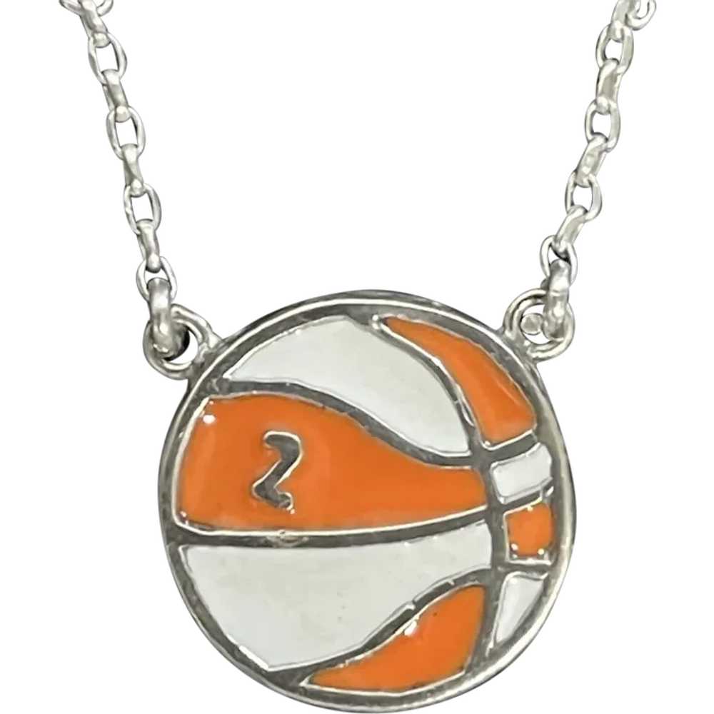 Basketball Ball .925 Silver Enamel Necklace - image 1