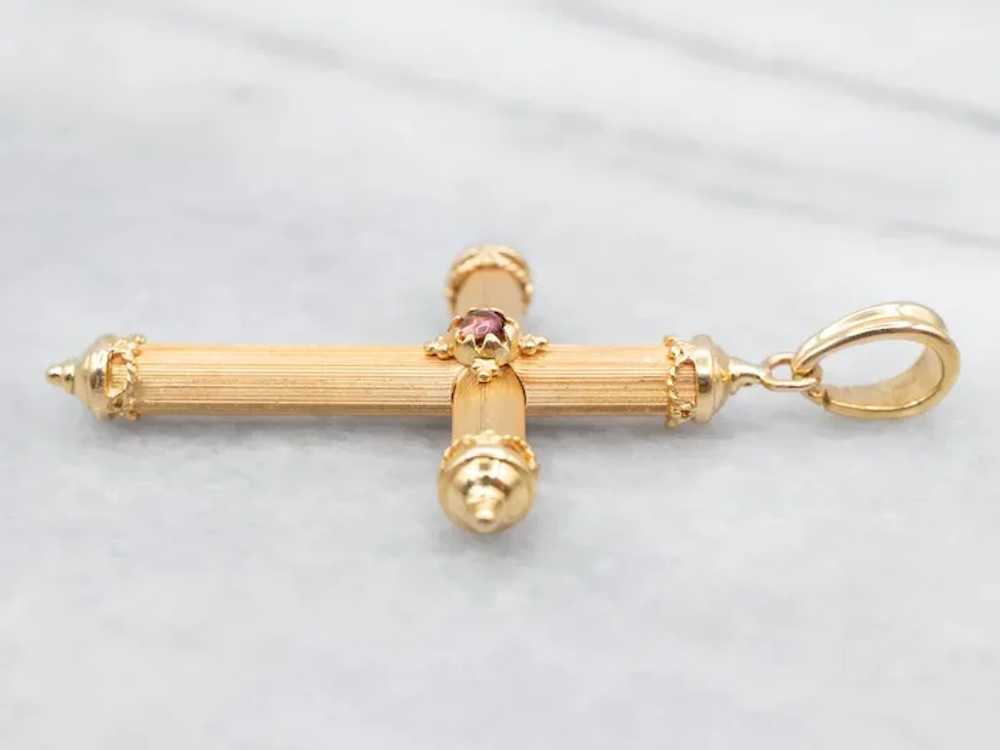 Textured 14-Karat Gold Cross with Pink Tourmaline… - image 2