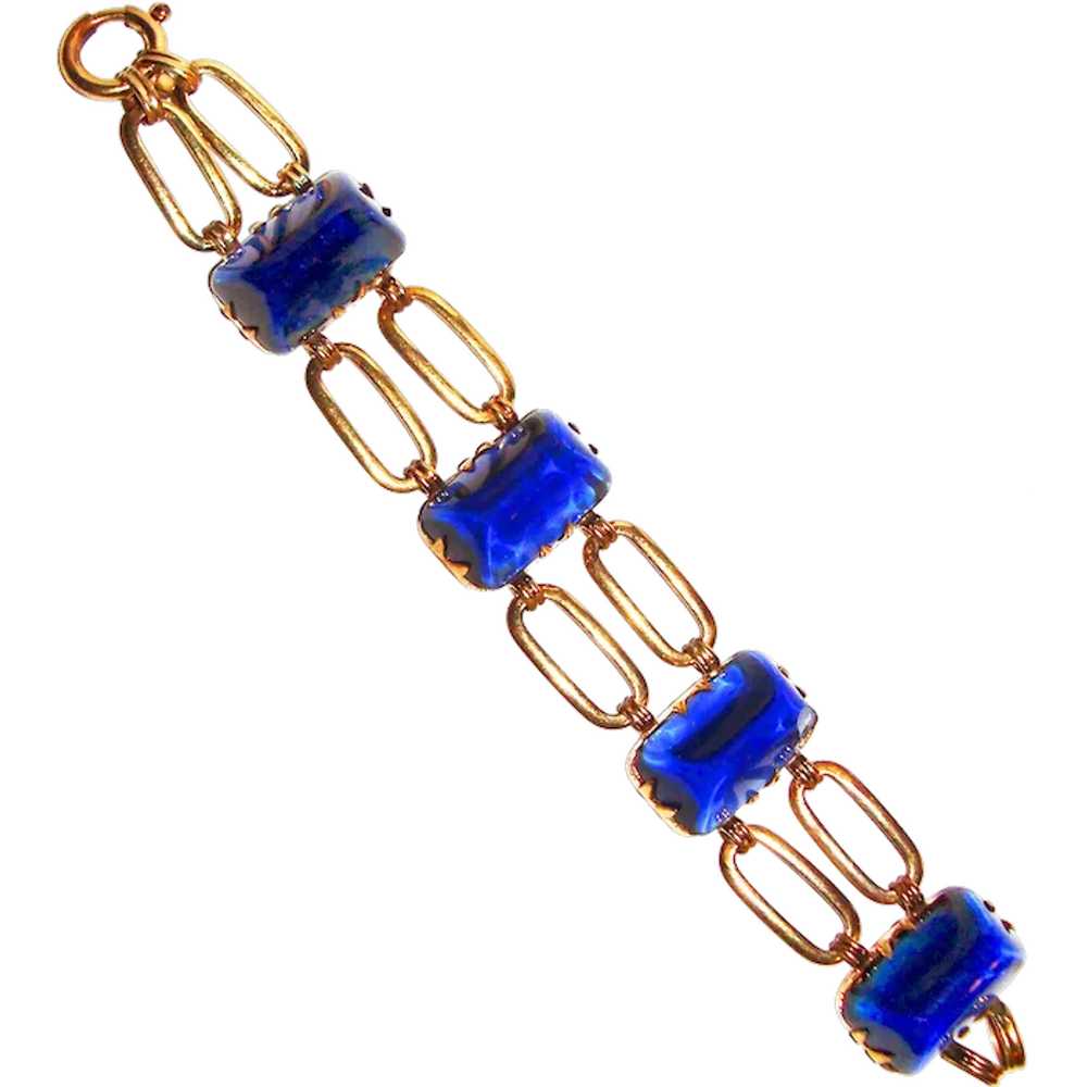 1930s Art Deco Bracelet Cobalt Blue Glass Cabocho… - image 1