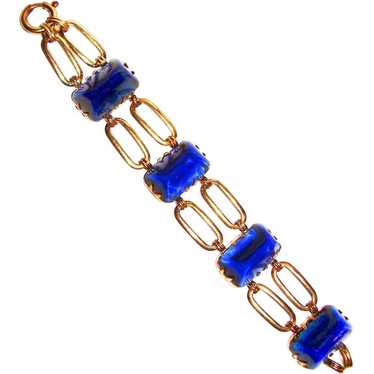 1930s Art Deco Bracelet Cobalt Blue Glass Cabocho… - image 1