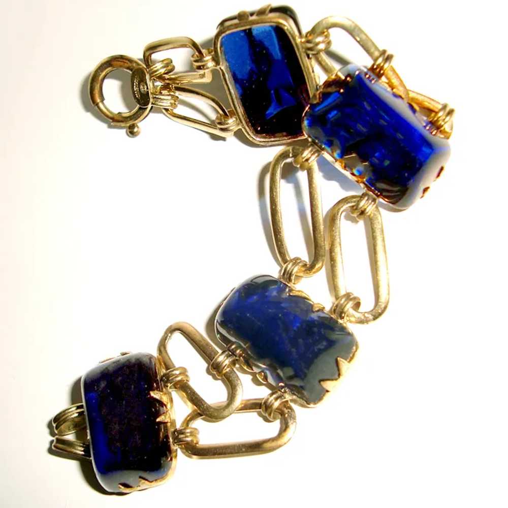 1930s Art Deco Bracelet Cobalt Blue Glass Cabocho… - image 2