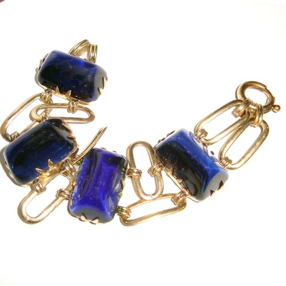 1930s Art Deco Bracelet Cobalt Blue Glass Cabocho… - image 3