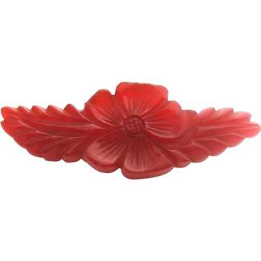 Long Red Bakelite Flower Pin With Leaves Heavily C