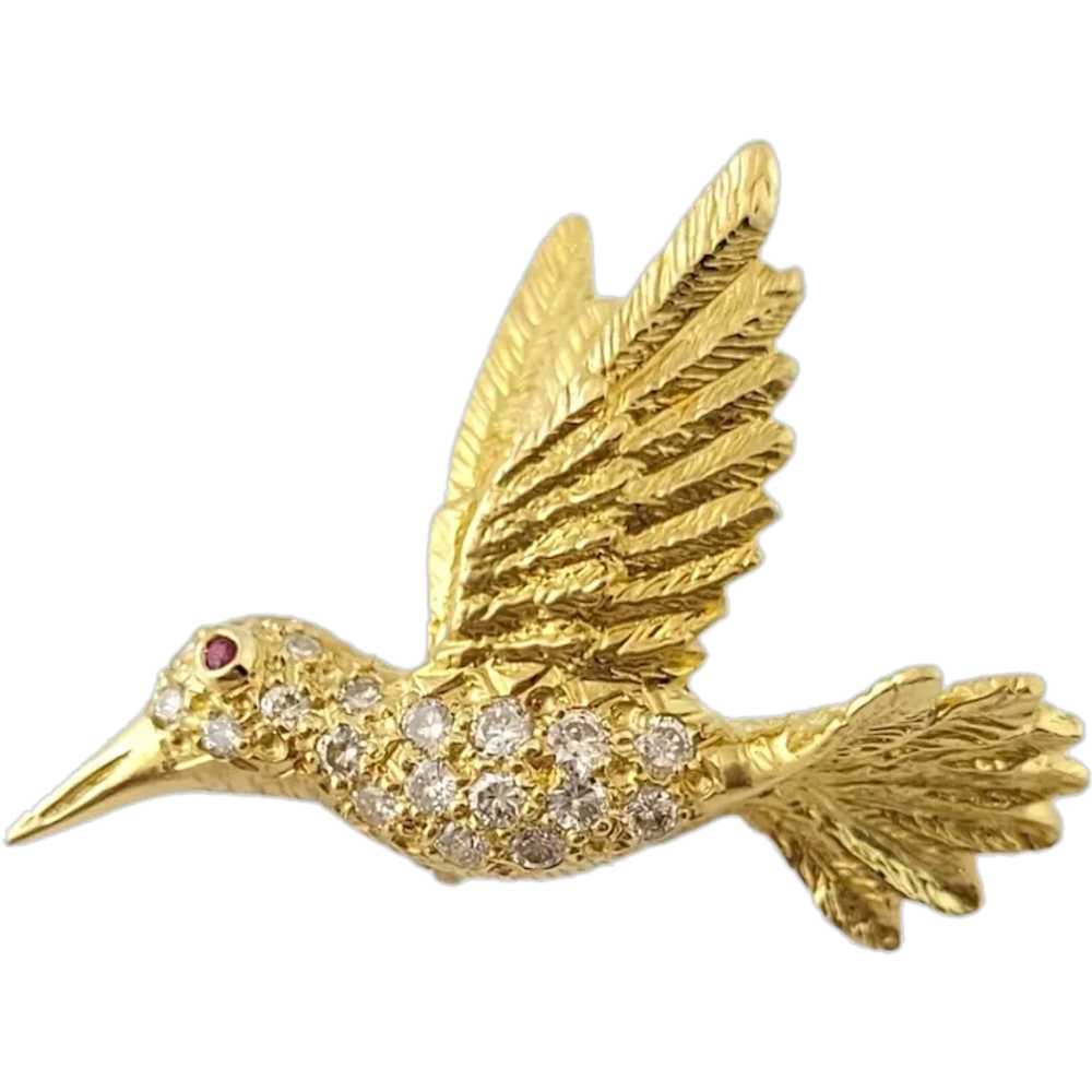 Vintage 18K Yellow Gold Diamond Hummingbird Pin - image 1