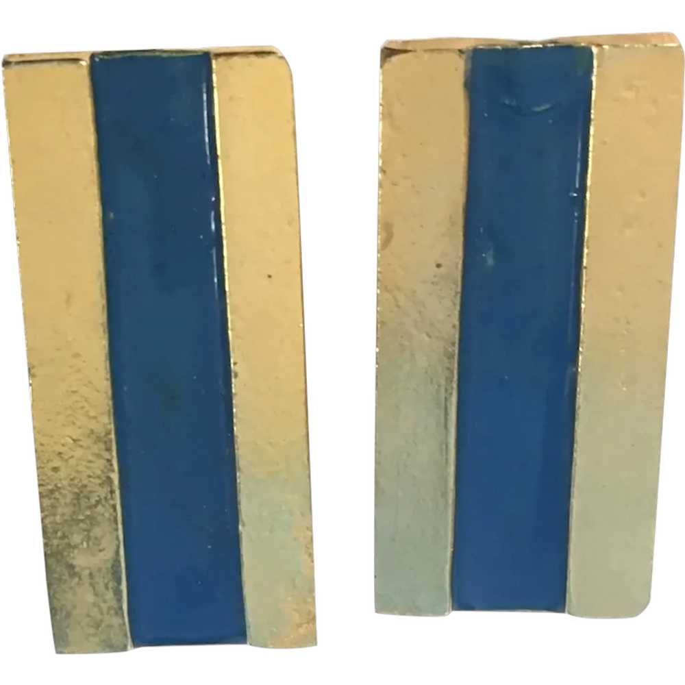 Medium Rectangle Clip on Earring with Blue Enamel… - image 1