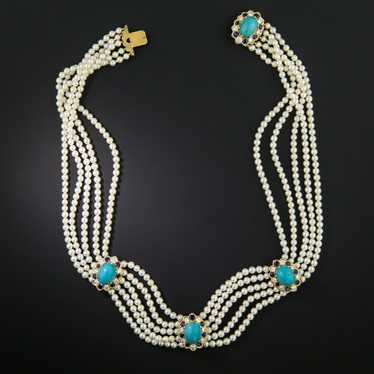 Estate Pearl, Turquoise, Diamond, and Sapphire Ch… - image 1