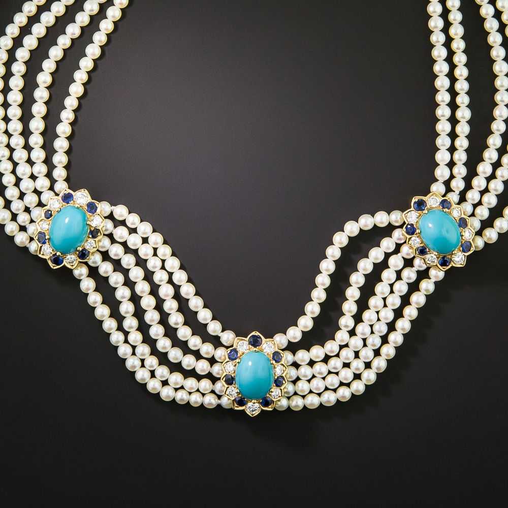 Estate Pearl, Turquoise, Diamond, and Sapphire Ch… - image 2