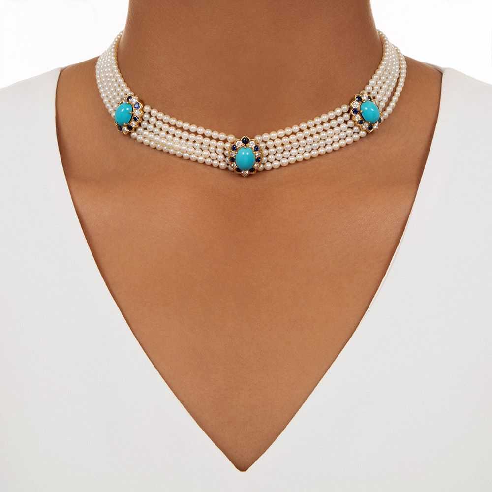 Estate Pearl, Turquoise, Diamond, and Sapphire Ch… - image 3