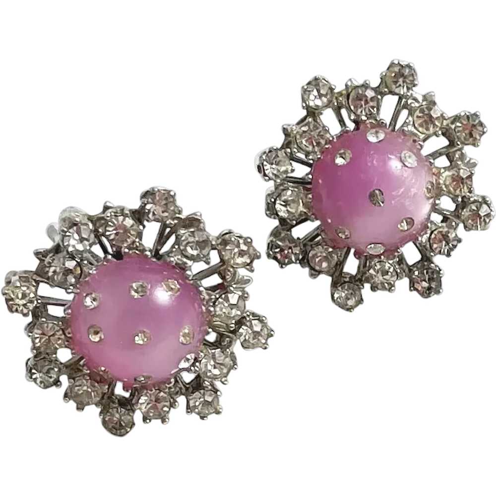 Pink Moonglow & Rhinestone Earrings Screw Backs - image 1