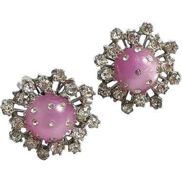 Pink Moonglow & Rhinestone Earrings Screw Backs - image 1