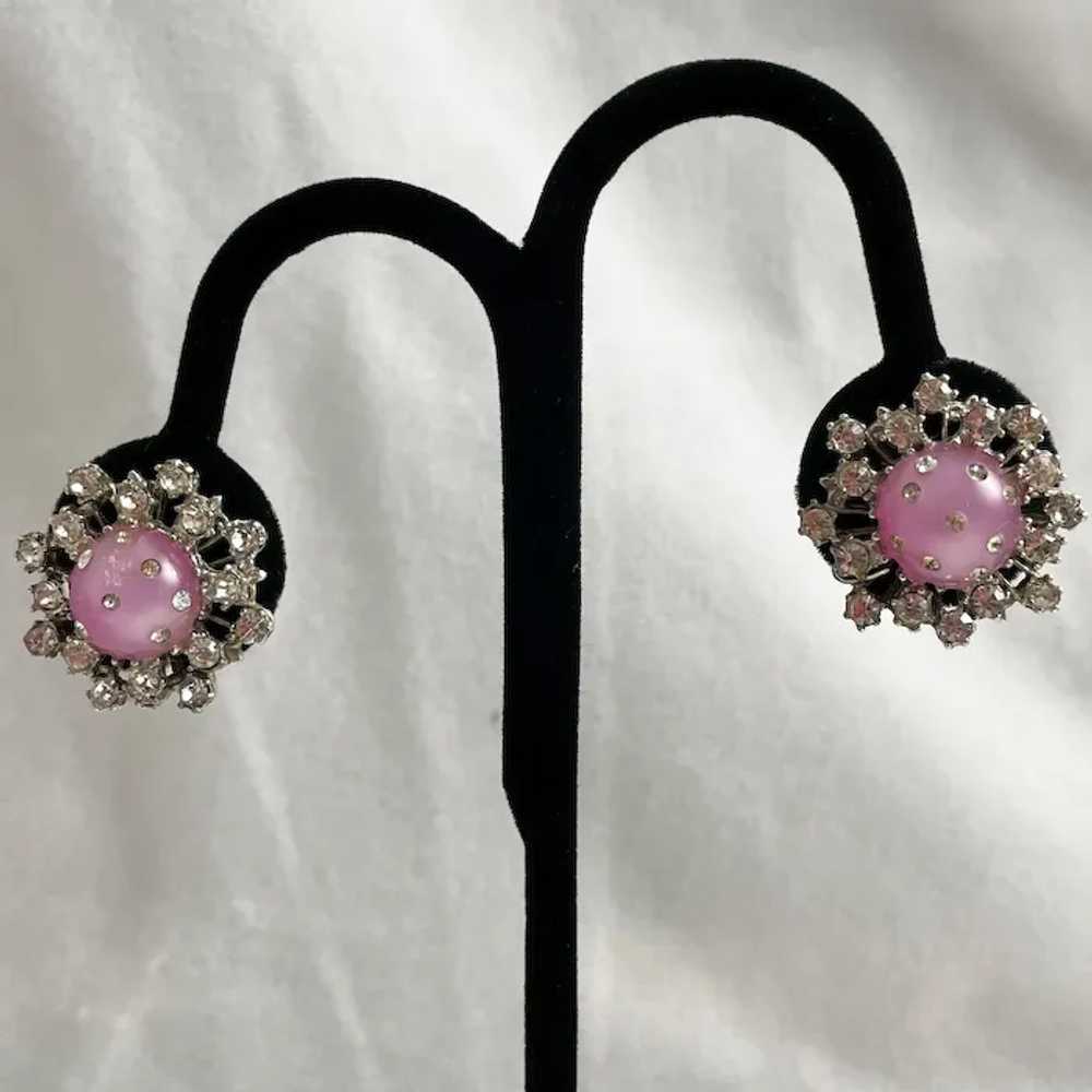 Pink Moonglow & Rhinestone Earrings Screw Backs - image 2