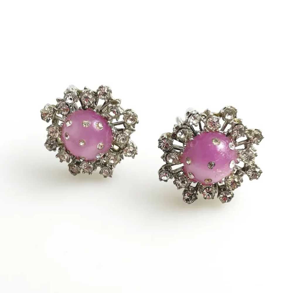 Pink Moonglow & Rhinestone Earrings Screw Backs - image 3