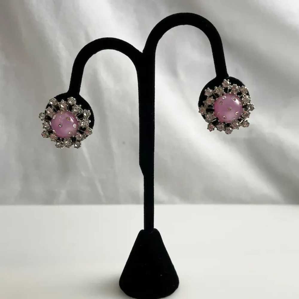 Pink Moonglow & Rhinestone Earrings Screw Backs - image 4