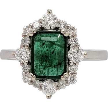 Zambian Emerald w Mixed Diamond Halo in 14K Solid 