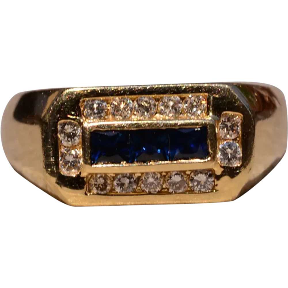 French Cut Sapphire and Diamond Gentlemans Ring - image 1