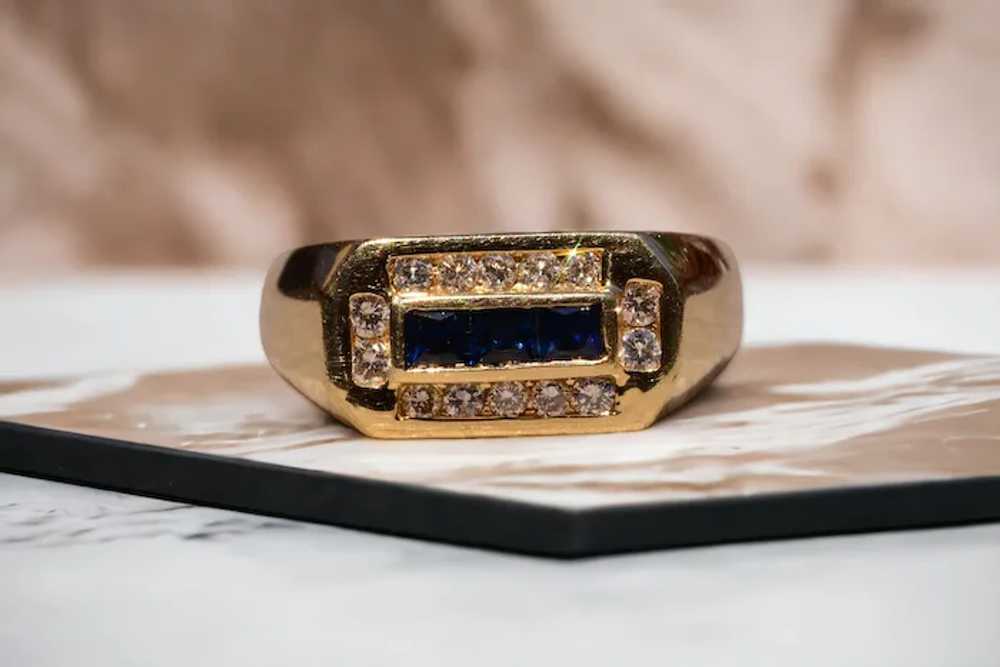 French Cut Sapphire and Diamond Gentlemans Ring - image 7
