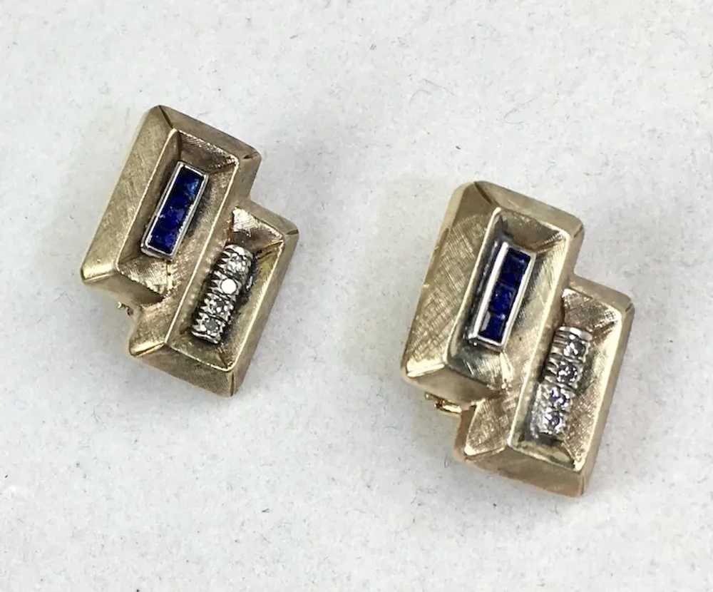 Mid-Century Retro 14K Sapphire Diamond Earrings - image 2