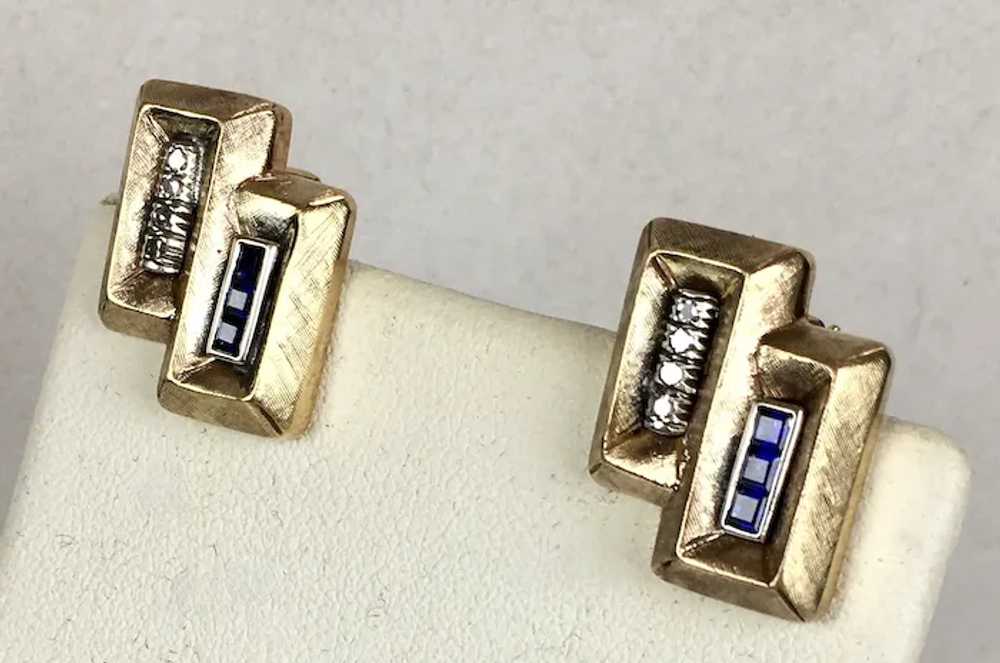 Mid-Century Retro 14K Sapphire Diamond Earrings - image 3