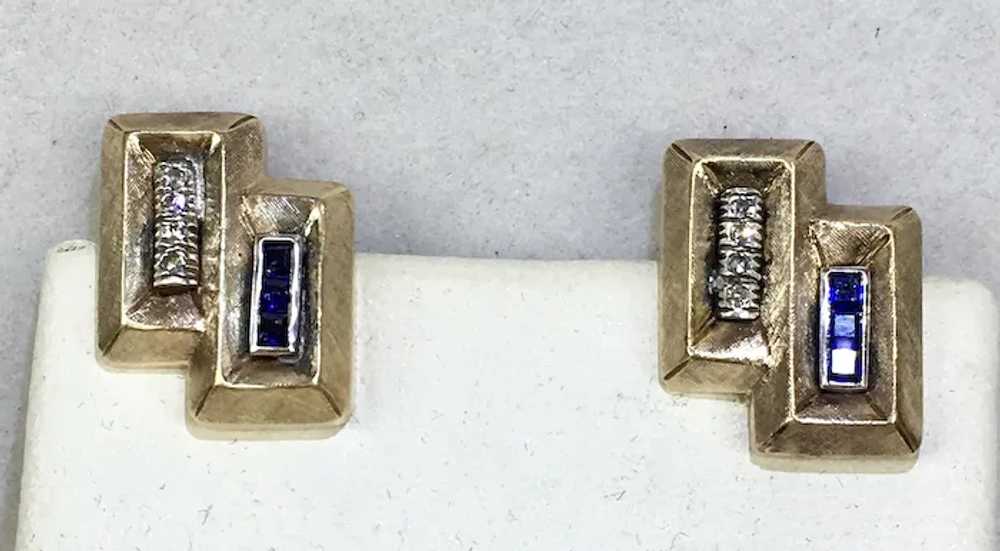 Mid-Century Retro 14K Sapphire Diamond Earrings - image 4