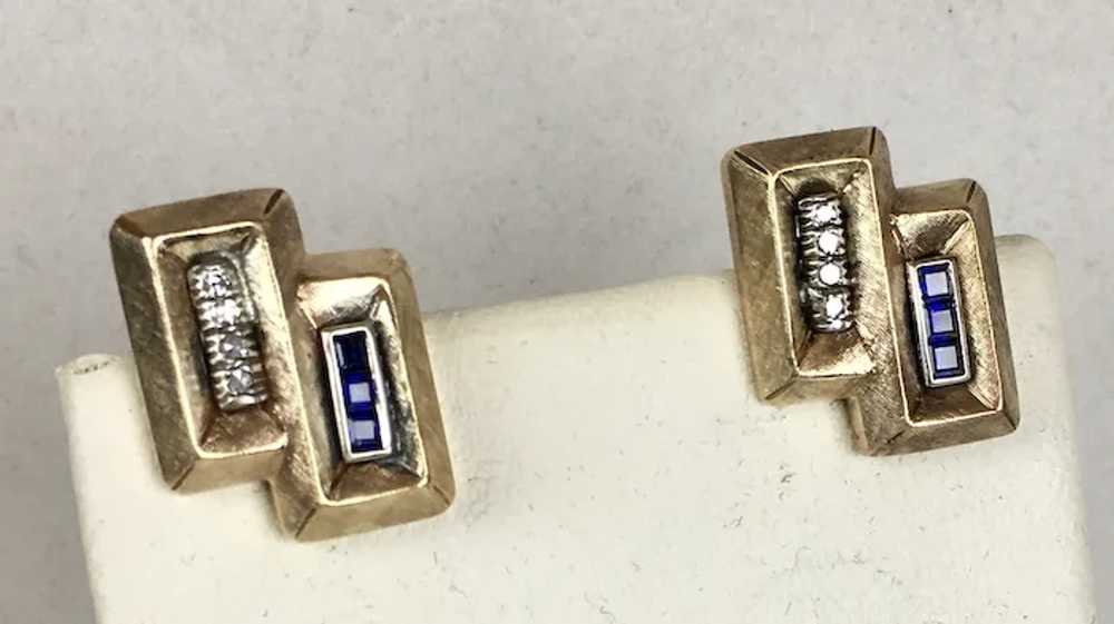 Mid-Century Retro 14K Sapphire Diamond Earrings - image 5