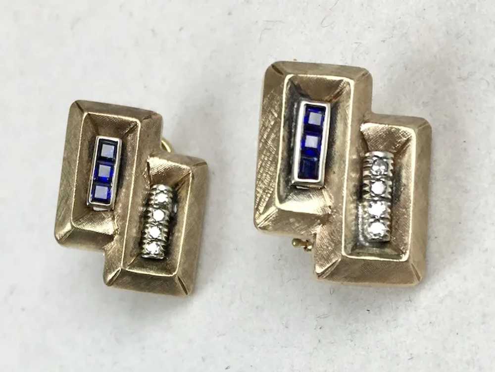 Mid-Century Retro 14K Sapphire Diamond Earrings - image 9