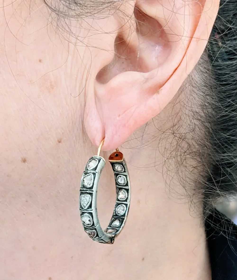 14k/925 Rose Cut Diamond Hoop Earrings - image 2