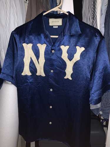 Gucci Ny Yankees Embroidered Cotton Bowling Shirt In Blue