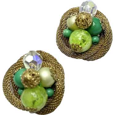 Vintage Green Crystal Glass Cluster Earrings