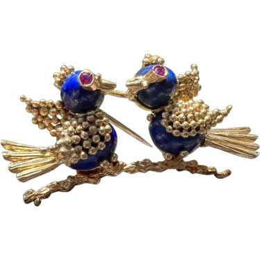 18K Yellow Gold Lapis LoveBirds Brooch