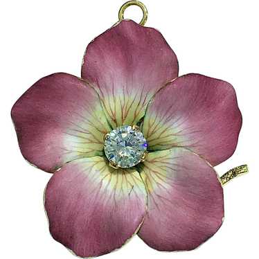 Antique Art Nouveau 14k Gold Enamel Pink Dog Rose… - image 1