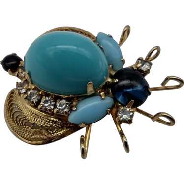 Large Gold Tone Rhinestone Glass Bug Brooch Fly Insect Beetle