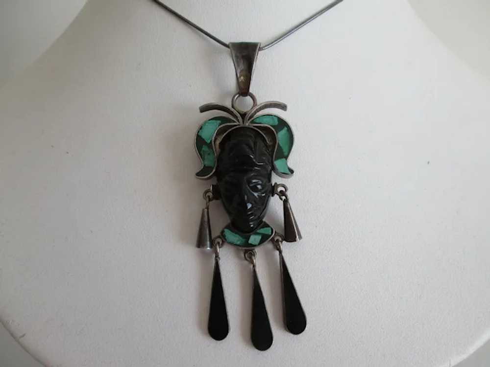 Sterling Carved Black Onyx Mayan Warrior Face Hea… - image 2