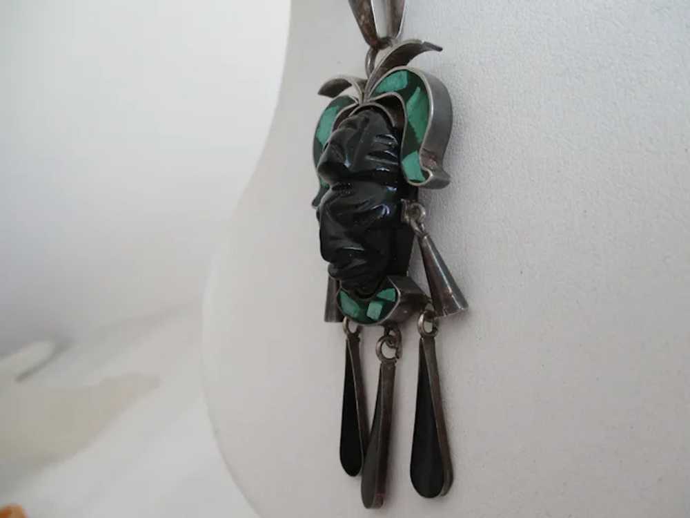 Sterling Carved Black Onyx Mayan Warrior Face Hea… - image 3