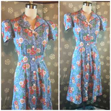 1940s Floral Cotton Shirtwaist Dress - image 1